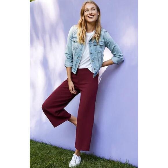 LOFT Maroon Wide Leg Pull-On Cropped Pants Women’s Medium Stretch Work Casual - Picture 6 of 8